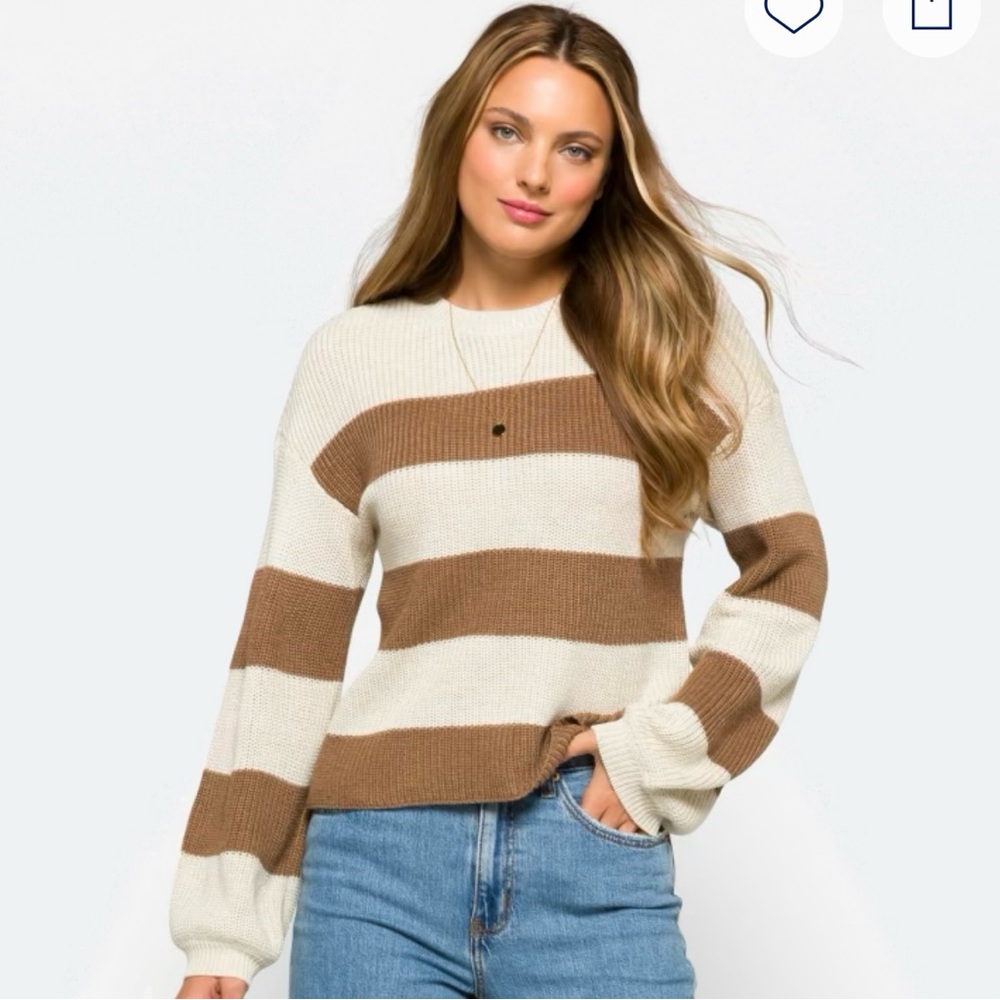 Steve Madden Tan & Cream Striped Balloon Sleeve Sweater | Women’s Large | Cozy